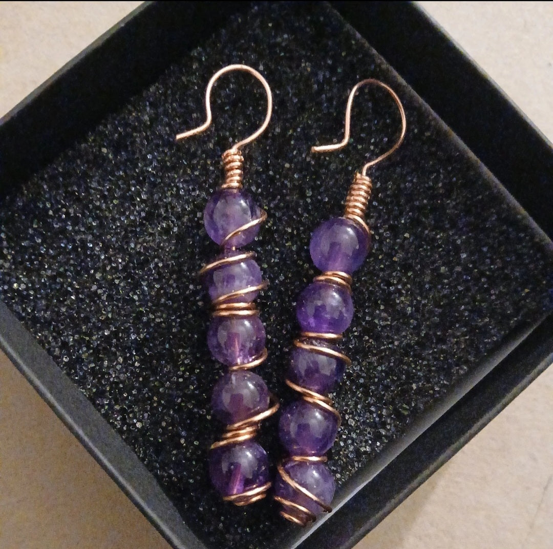 Copper Wire Wrapped Amethyst Earrings Natural Stone & Copper