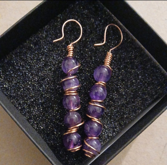 Copper Wire Wrapped Amethyst Earrings Natural Stone & Copper