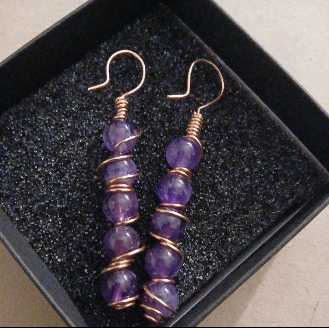 Copper Wire Wrapped Amethyst Earrings Natural Stone & Copper
