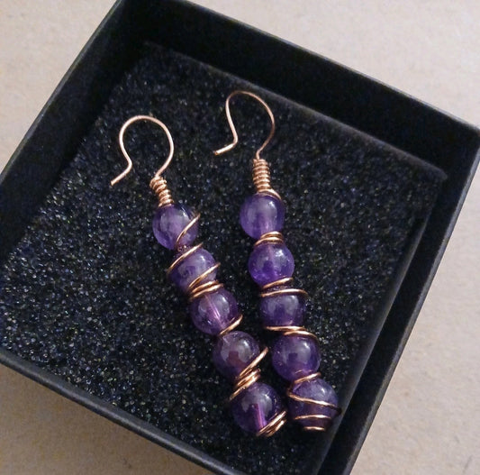 Copper Wire Wrapped Amethyst Earrings Natural Stone & Copper